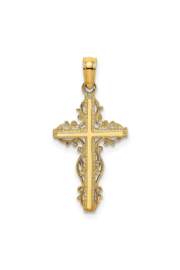 14k Yellow Gold Stick Cross w/ Lace Trim Charm for Women (Length - 18.9 mm, Width - 13 mm)
