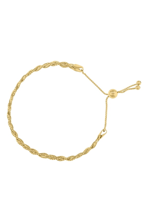 14k Yellow Gold Twisted Chain Link Braided Adjustable Bolo Bracelet for Women Size 9 Inches