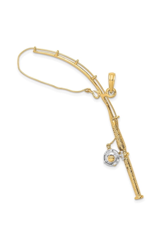 Fine Jewelry 14K Yellow Gold w/Rhodium 3-D Moveable Fishing Pole W/ Reel Charm for Women