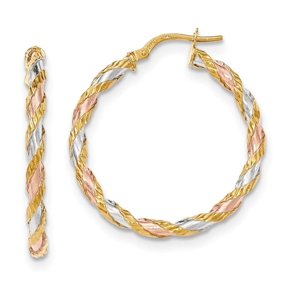 Auriga 14k Yellow Gold with White & Rose Rhodium Textured Twisted Hoop Earrings for Women