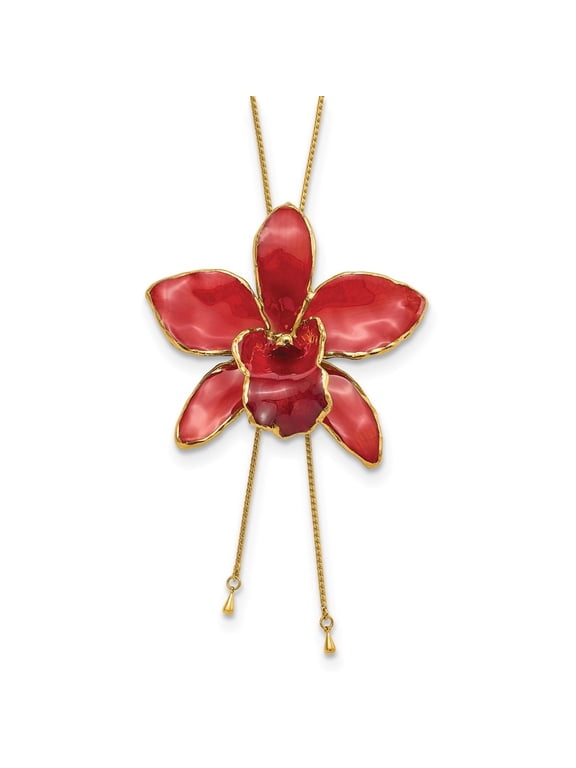 24K Gold-trim Lacquer Dipped Red Real Cattleya Orchid Slip-on Adjustable Gold-tone Necklace for Women