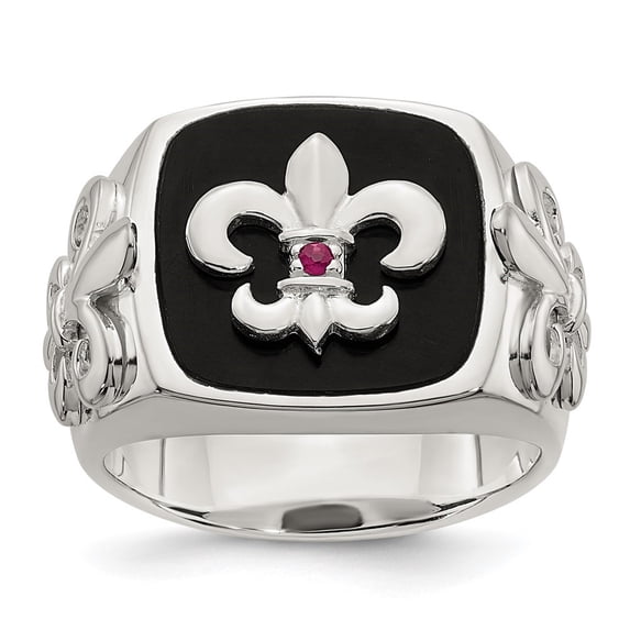 Auriga Fine Jewelry 925 Sterling Silver with 14K .03 Ruby/Black Agate Fleur de Lis Ring Size 10 for Women