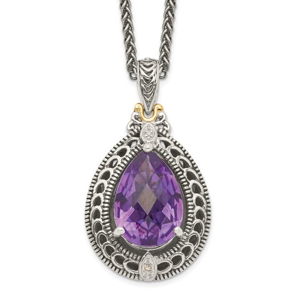 Auriga 925 Sterling Silver 1 mm with 14K Accent Antiqued Diamond and Pear Shaped Amethyst Necklace for Women 18"