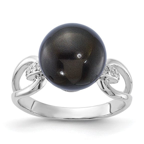 Auriga Fine Jewelry 925 Sterling Silver 11 mm Black Pearl and Cubic Zirconia Engagement Ring Size 7 for Women