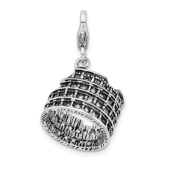 Auriga 925 Sterling Silver 3-D Antiqued Coliseum Charm w/Fancy Lobster Clasp (L - 38mm, W - 17mm)