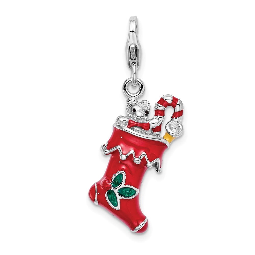 Auriga 925 Sterling Silver 3-D Red Enameled Holiday Stocking Charm with Fancy Lobster Clasp