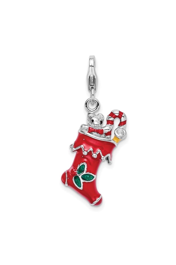 925 Sterling Silver 3-D Red Enameled Holiday Stocking Charm with Fancy Lobster Clasp