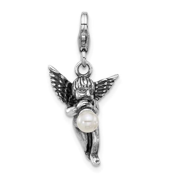 Auriga 925 Sterling Silver Antiqued 3-D Shell Pearl Angel Charm for Women(L- 30mm, W- 14.5mm)