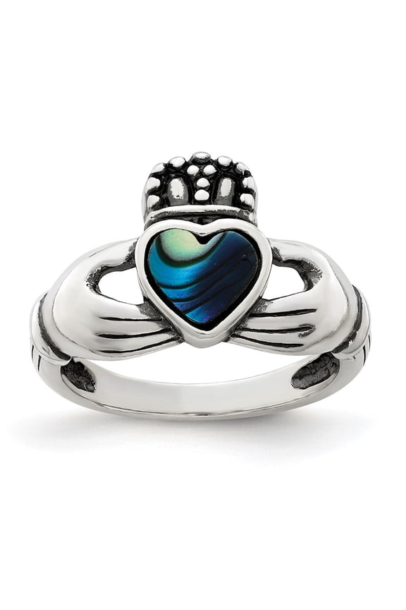 925 Sterling Silver Antiqued Abalone Inlay and Black Enamel Claddagh Ring for Women Size- 7