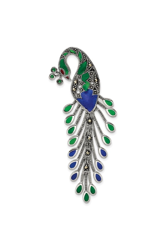 925 Sterling Silver Antiqued Green/Red/Blue Epoxy Marcasite Peacock Slide Pendant