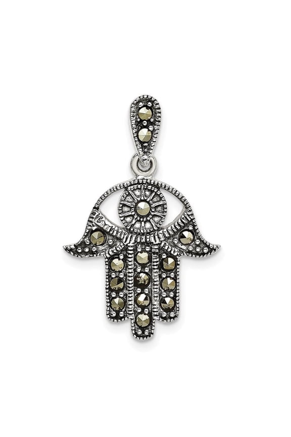 Fine Jewelry 925 Sterling Silver Antiqued Marcasite Chamseh Pendant for Women (L-31.5 mm, W-19 mm)
