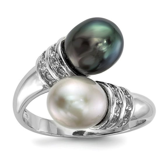Auriga 925 Sterling Silver Black Grey Rice Cultured Pearl and Zirconia Ring Size 6 for Women
