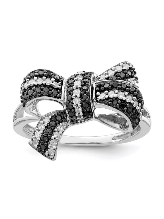 925 Sterling Silver Black and White Bow Diamond Ring Size 7 for Women