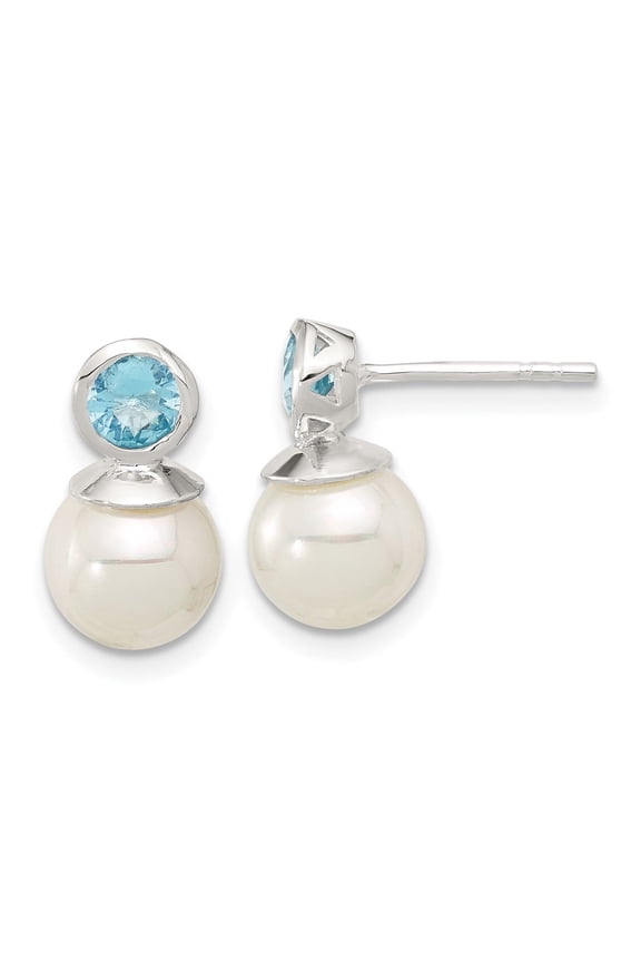 Fine Jewelry 925 Sterling Silver Blue Cubic Zirconia and 8-8.5mm Glass Pearl Dangle Earrings for Women