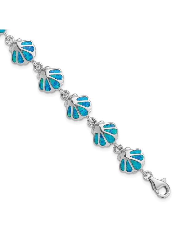 925 Sterling Silver Blue Opal Inlay Shell Bracelet 7 inch for Women