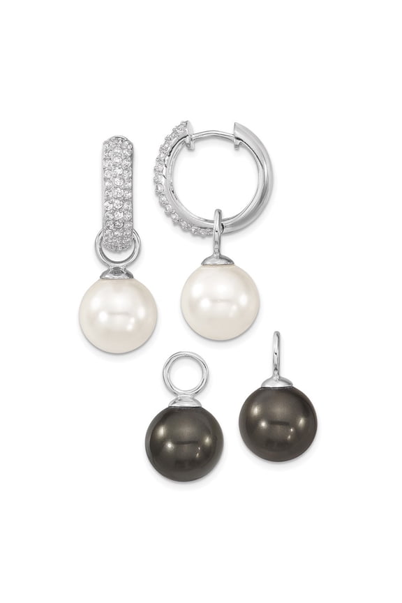 925 Sterling Silver CZ 12-13mm Black and White Interchangeable Shell Pearl Hoop Earrings for Women