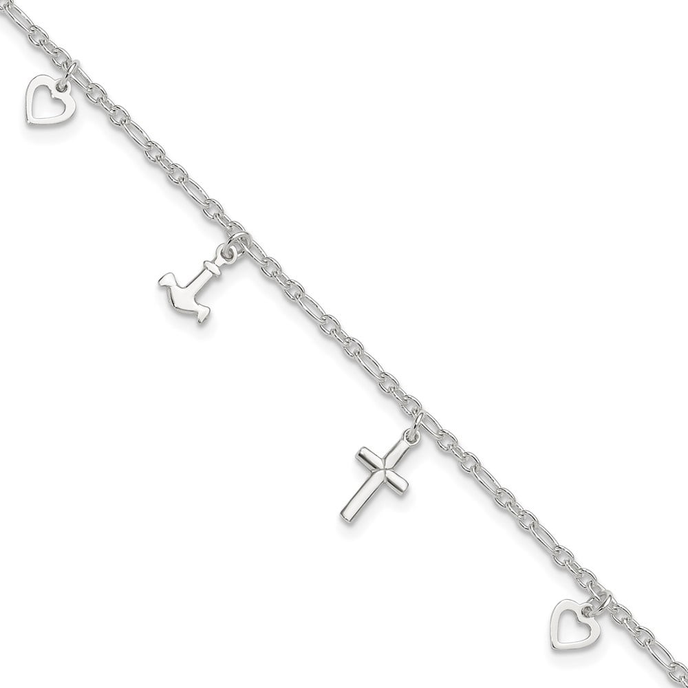 Auriga 925 Sterling Silver Cross Heart and Anchor Anklet 10inch for Women