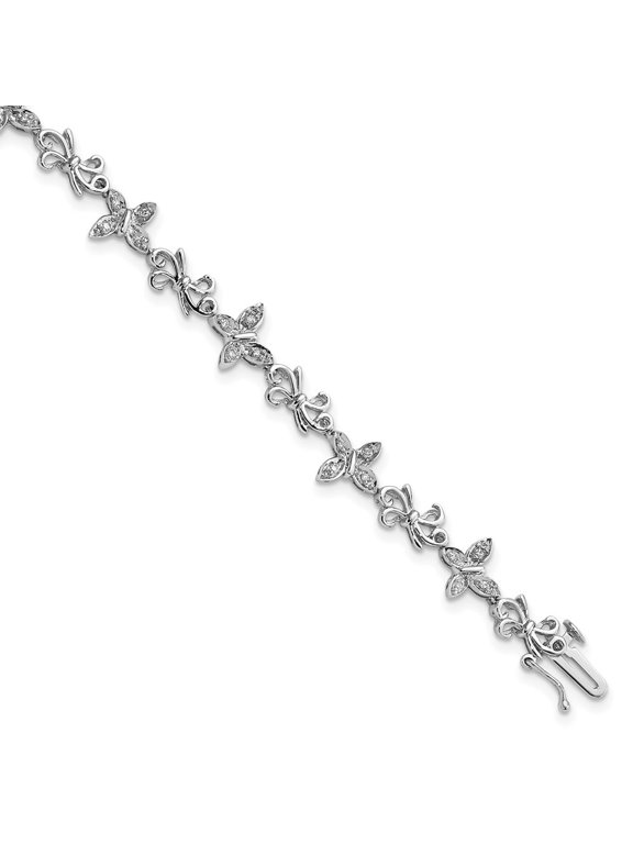 925 Sterling Silver Diamond Butterfly and Bows Bracelet 7 inch for Women