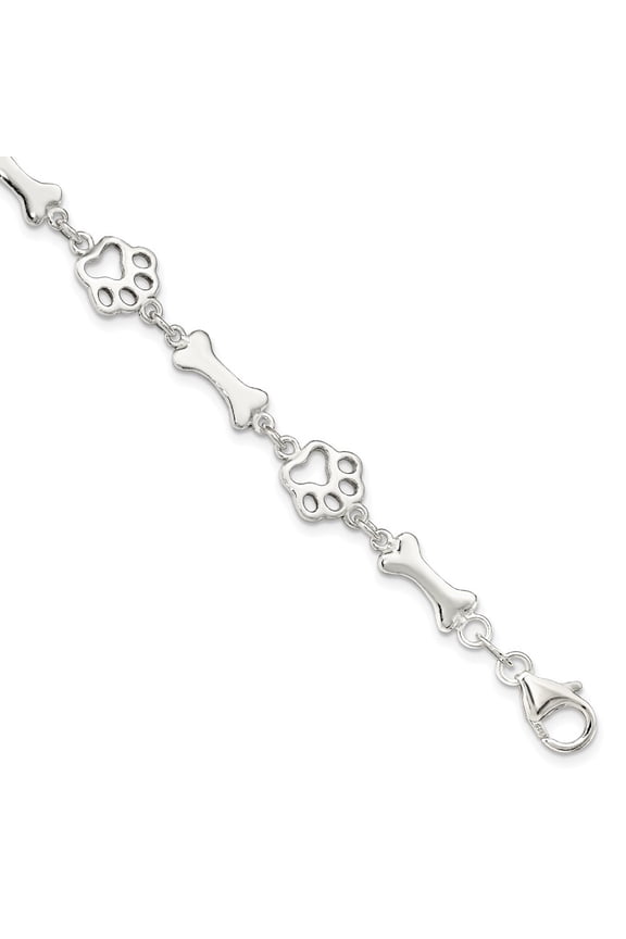 925 Sterling Silver Dog Bones and Paws Bracelet 8.5inch for Women