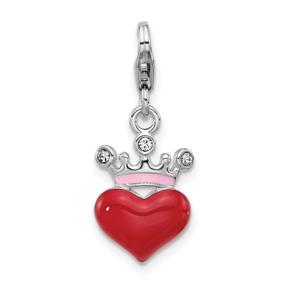 Auriga 925 Sterling Silver Enamel Crystal Red Heart Crown Charm (L-26.7mm, W-11mm) Valentine's Day Gift for Women