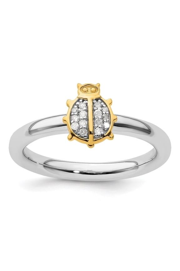 Fine Jewelry 925 Sterling Silver Gold-Plated Ladybug Diamond Ring for Women Size 7