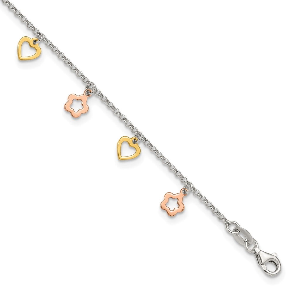 Auriga 925 Sterling Silver, Gold and Rose-Tone Heart Flower Anklet 9inch for Women