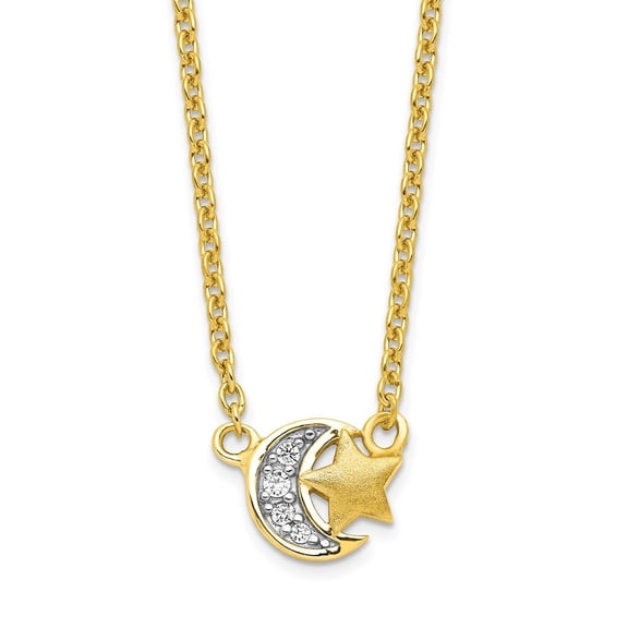 Auriga 925 Sterling Silver Gold-tone CZ Satin Star and Polished Moon Necklace for Women 17"