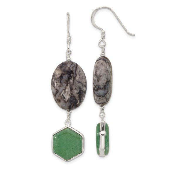 Auriga 925 Sterling Silver Hexagon Aventurine and Oval Leopard Jasper Dangle Earrings for Women