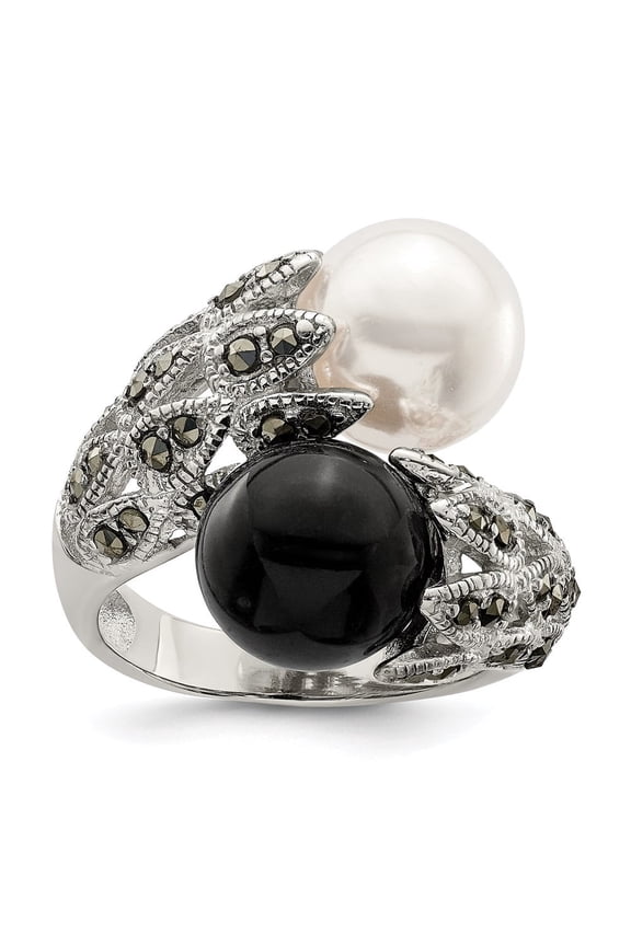 Fine Jewelry 925 Sterling Silver Marcasite Black and White Pearl Ring Size 8 for Women