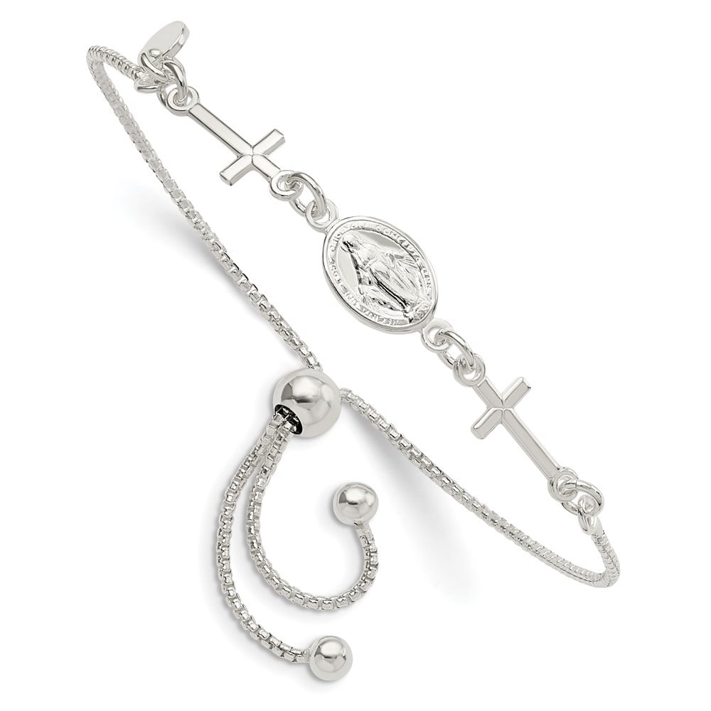 Sterling Silver Miraculous and Crosses Adjustable Bolo Bracelet Sterling Silver Miraculous and Crosses Adjustable Bolo Bracelet