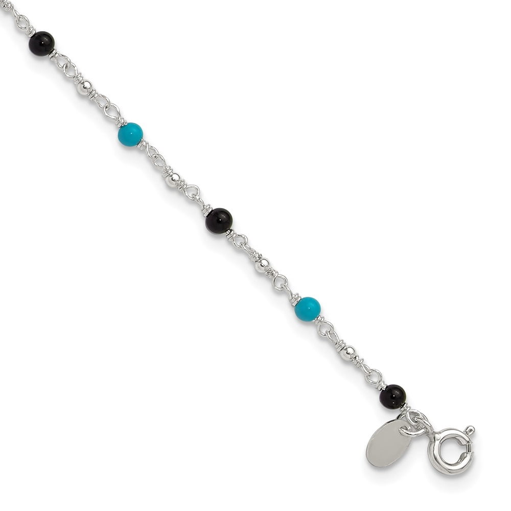 Auriga 925 Sterling Silver Onyx/Turquoise Beads Anklet 10inch for Women