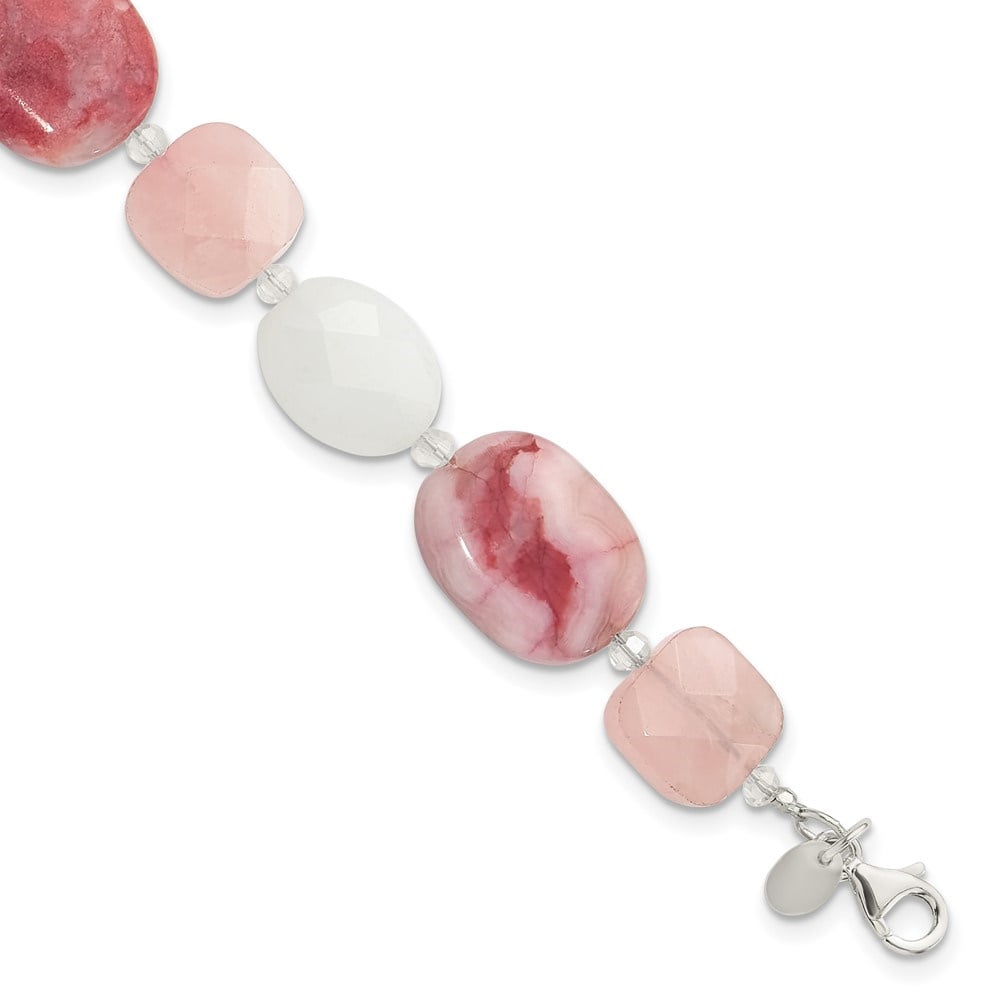 Auriga 925 Sterling Silver Pink Agate/Quartz, Jade, Crystal w/1inch ext Bracelet for Women