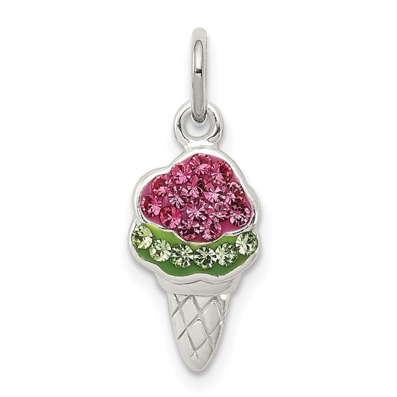 Auriga 925 Sterling Silver Pink and Green Stellux Crystal Ice Cream Cone Charm (L-20 mm, W-7 mm)