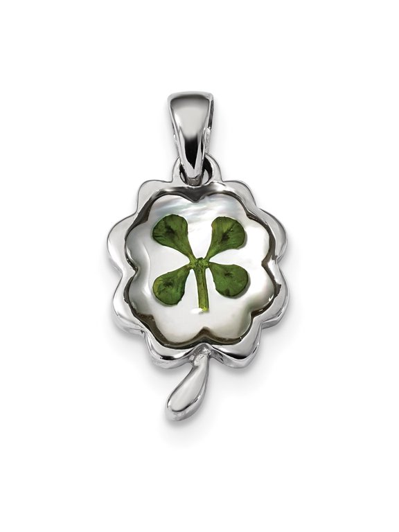 925 Sterling Silver Platinum Plated Leaf Clover Epoxy & Shell Pendant (L-28.4mm, W-14.48mm)