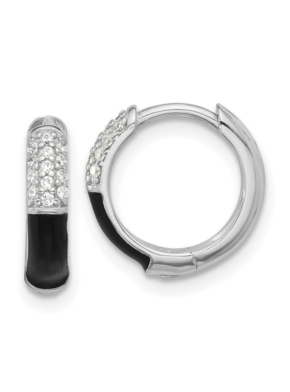Auriga 925 Sterling Silver Platinum-plated CZ Black Enamel Hoop Earrings for Women (L-13.3mm, W-13.6mm)