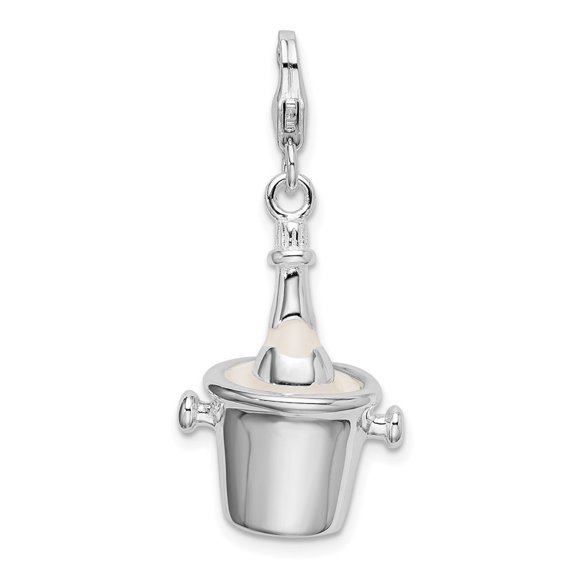 Auriga 925 Sterling Silver Polished 3-D Enameled Champagne Bottle in Ice Bucket w/ Lobster Charm