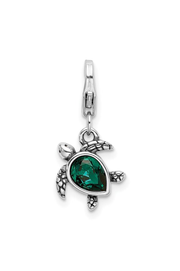 Fine Jewelry 925 Sterling Silver Polished 3-D Green Crystal From Turtle Charm for Women
