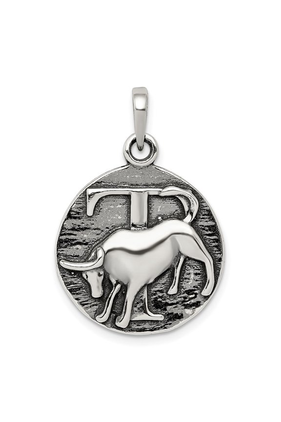 925 Sterling Silver Polished Antique Finish Taurus Horoscope Zodiac Pendant (L-29 mm, W-19 mm)