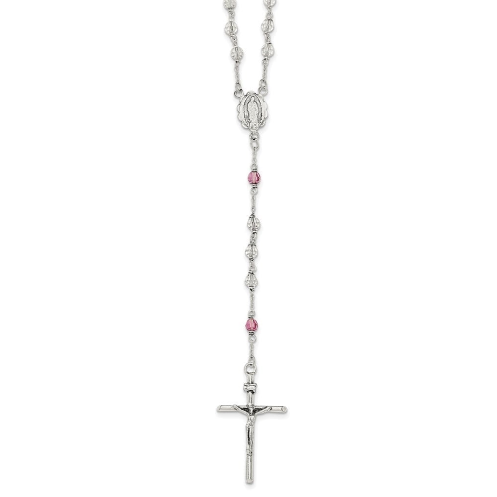 AURIGA 925 Sterling Silver Polished Crystal Rose Quartz Rosary Necklace for Women 21.5"