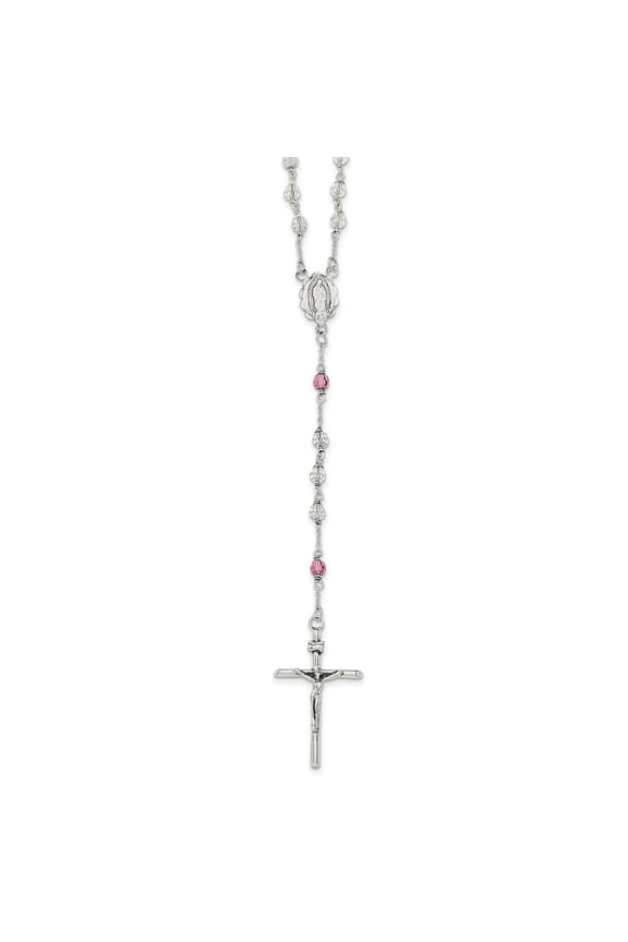 925 Sterling Silver Polished Crystal Rose Quartz Rosary Necklace for Women 21.5"
