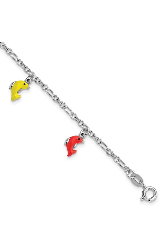 Fine Jewelry 925 Sterling Silver Polished & Enameled Dolphins 6inch Bracelet for Women