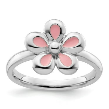 Auriga Fine Jewelry 925 Sterling Silver Polished Pink Enameled Flower Ring for Women Size 5