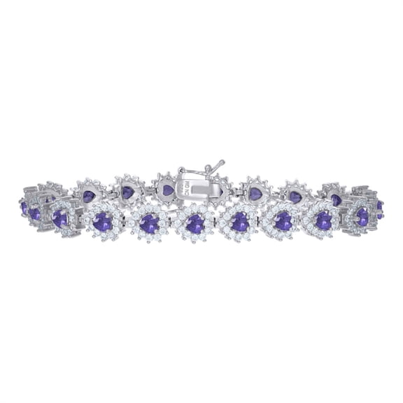 Auriga 925 Sterling Silver Purple White Heart Round CZ Heart Link Bracelet Size 7.5" (Width- 8.8mm) for Women
