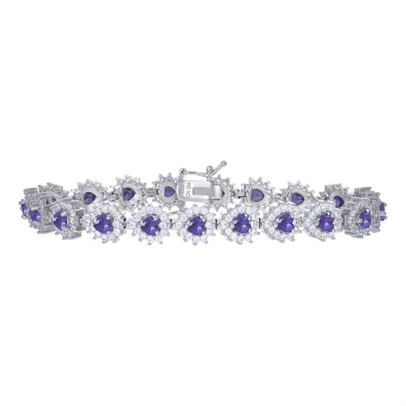 Auriga 925 Sterling Silver Purple White Heart Round CZ Heart Link Bracelet Size 7.5" (Width- 8.8mm) for Women