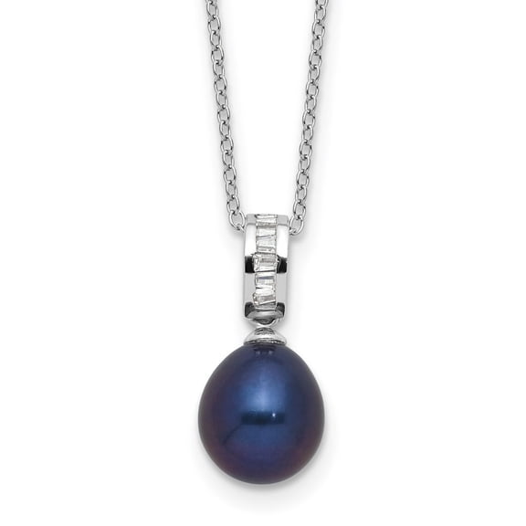 Auriga 925 Sterling Silver RH-plated 8-9 mm Teardrop Black Freshwater Cultured Pearl/CZ Necklace for Women 17"