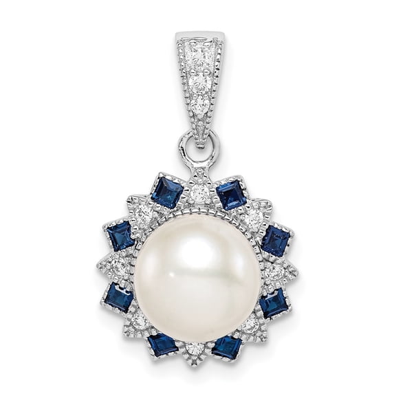 Auriga 925 Sterling Silver RH-plated Fresh Water Cultured Pearl/Syn. Blue Spinel Flower Pendant for Women