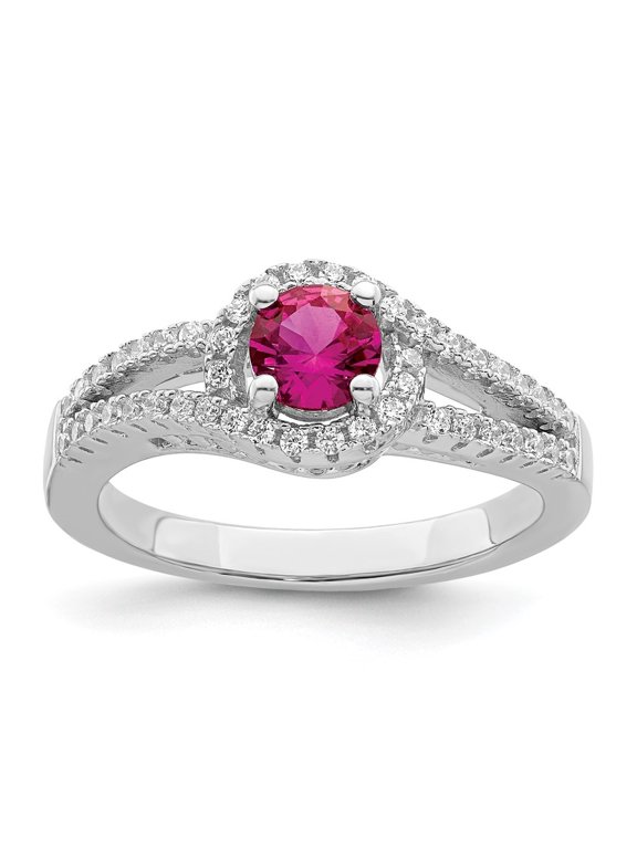 925 Sterling Silver Red Corundum and White Cubic Zirconia Ring Size 7 for Women