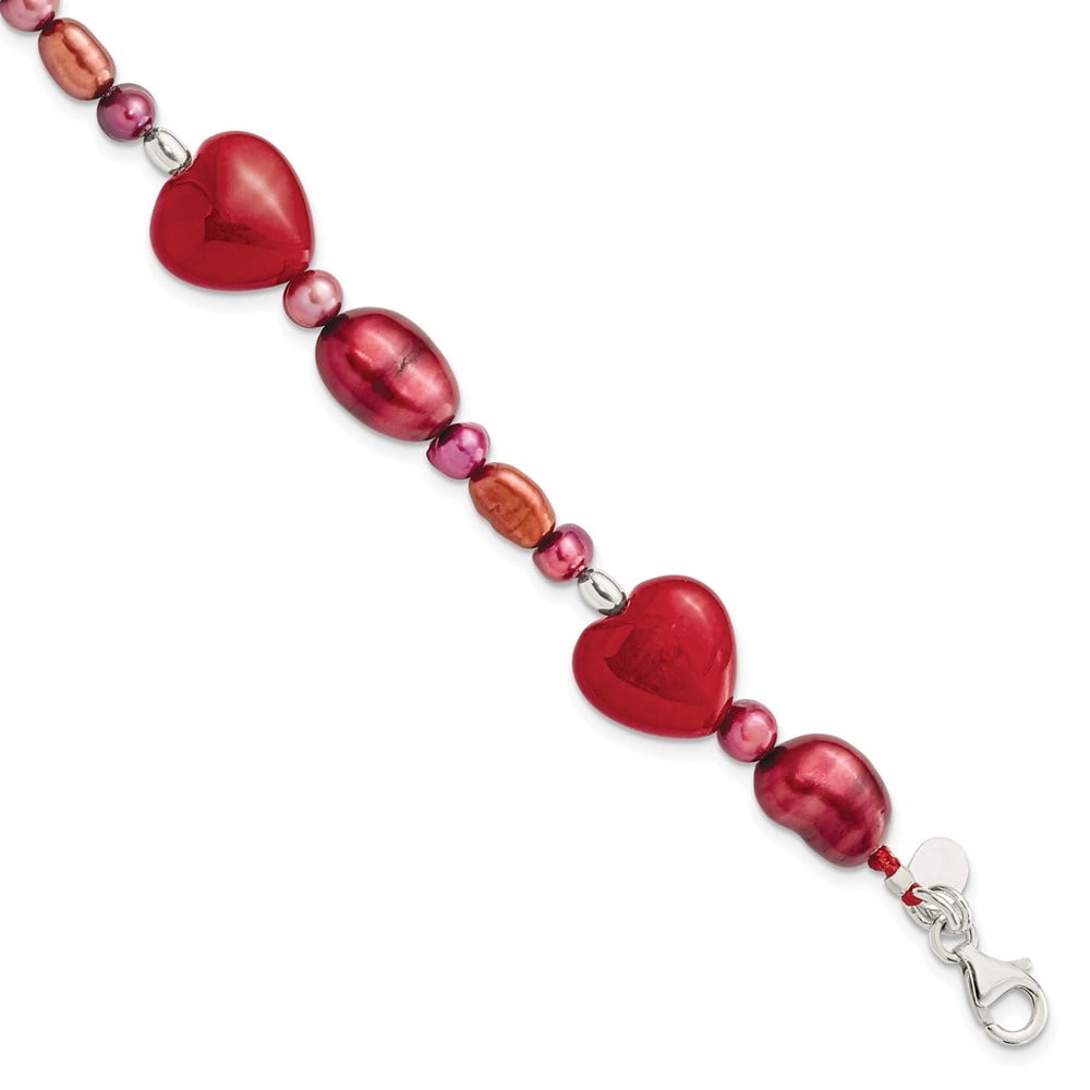 Auriga 925 Sterling Silver Red Jade Hearts/Fw Cultured Pearl Bracelet 7.5inch for Women