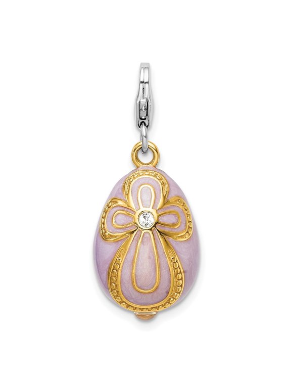 925 Sterling Silver Rh-plt and GP 3-D Crystal Enameled Pink Egg w/Cross Charm w/Lobster Clasp