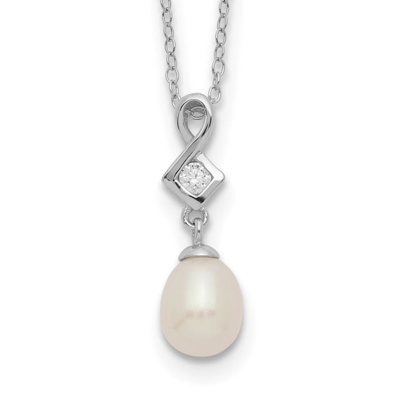 Auriga Fine Jewelry 925 Sterling Silver Rhod-plat 6-7 mm White Freshwater Cultured Pearl CZ Necklace for Women 17"